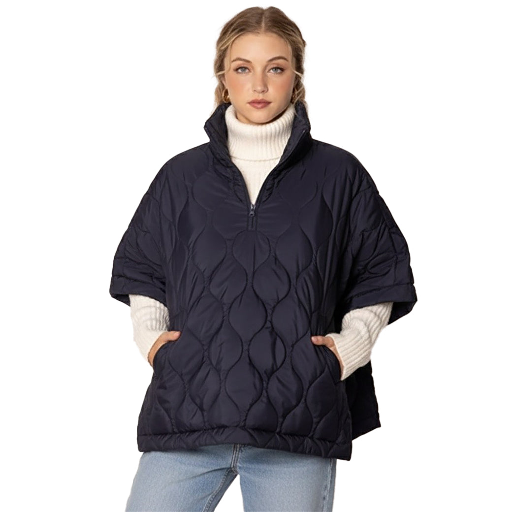 Women’s Navy Quilted Half-Zip Poncho | W Trading