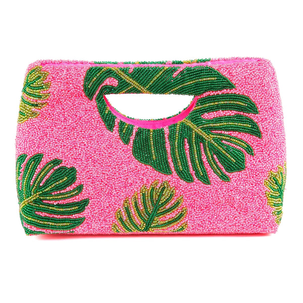 Pink & Green Beaded Palm Leaf Bag