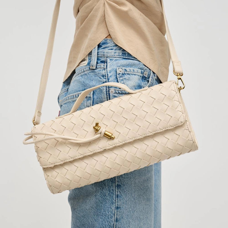 Ada Oatmilk Top Handle Woven East-West Clutch and Crossbody Bag, Vegan Leather | Urban Expressions