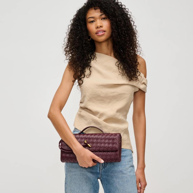 Ada Wine Top Handle Woven East-West Clutch and Crossbody Bag, Vegan Leather | Urban Expressions