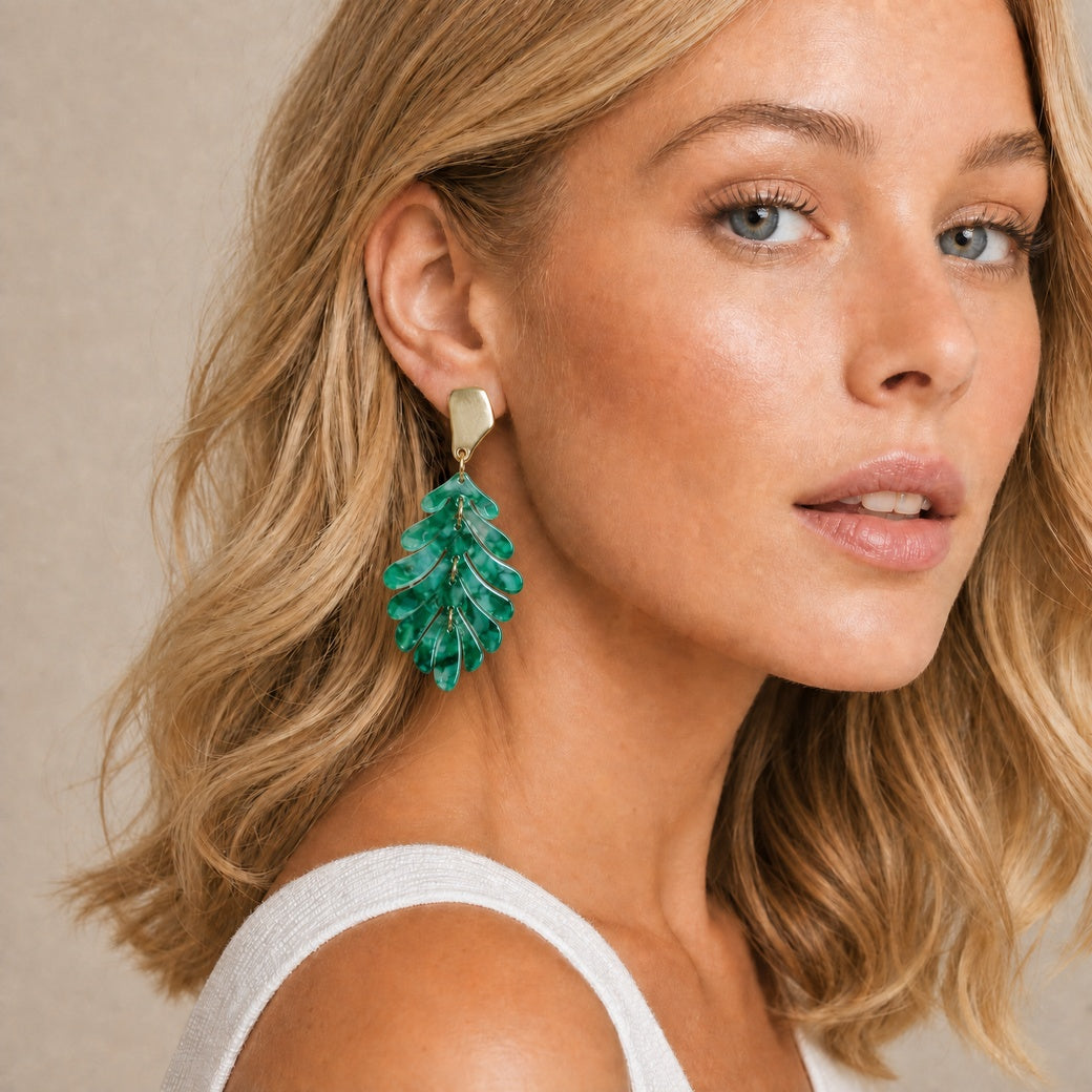 Green Petite Palm Leaf Drop Earrings Lightweight Acrylic Monstera | St Armands Designs of Sarasota