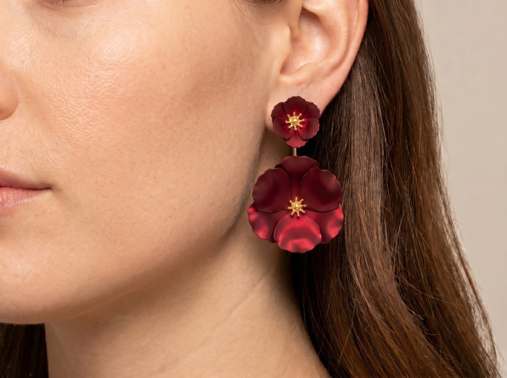 Red Floral Drop Earrings Hand-Painted 18K Gold-Plated | ZENZII
