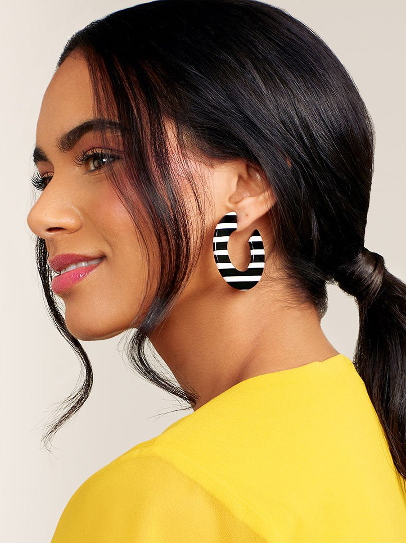 Black and White Striped Flat Hoop Earrings - Modern Statement Earrings | ZENZII